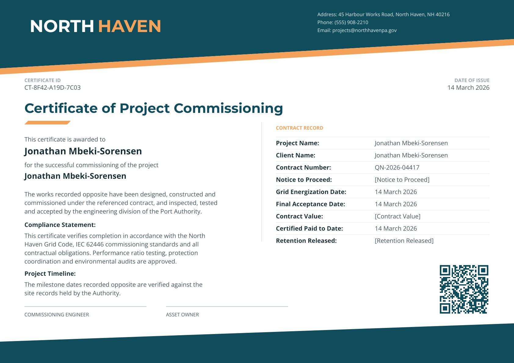 North Haven - Commissioning Certificate (angled band)