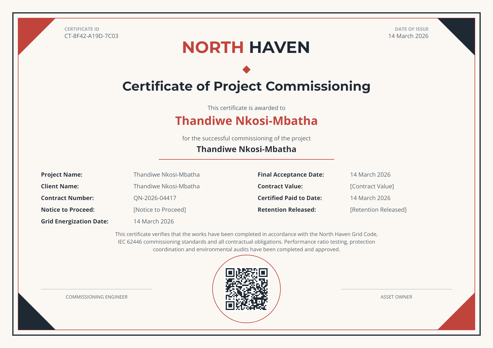 North Haven - Commissioning Certificate (framed seal)