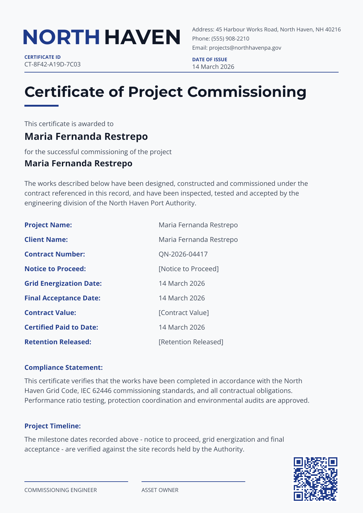 Corporate Commissioning Certificate