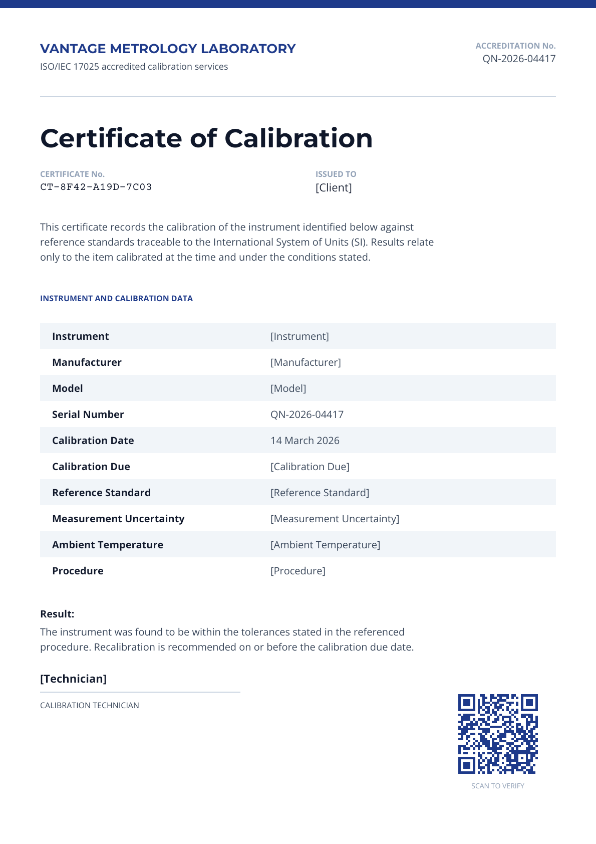 Calibration Certificate - Vantage Metrology Lab